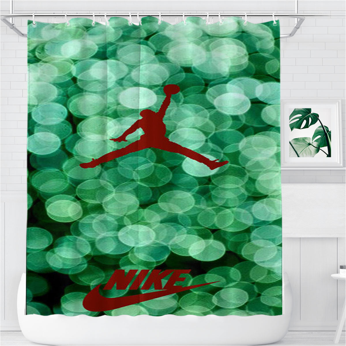 Red Nike Air Jordan Green Glitter Bathroom Shower Curtain Fabric Waterproof | 66 X 72 Inch