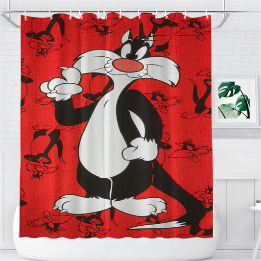 Red Pattern Sylvester Bathroom Shower Curtain Fabric Waterproof | 66 X 72 Inch