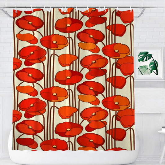 Red Poppy Flower Bathroom Shower Curtain Fabric Waterproof | 66 X 72 Inch