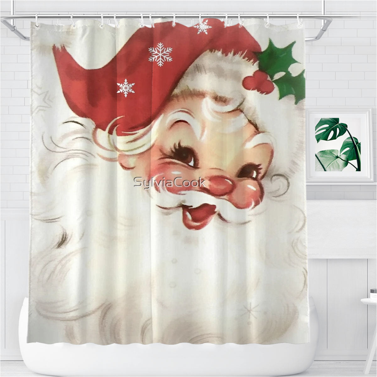 Red Retro Vintage Santa Bathroom Shower Curtain Fabric Waterproof | 66 X 72 Inch