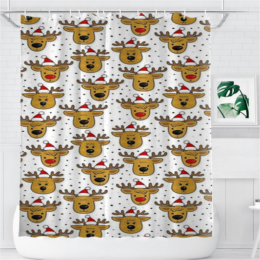 Personalized Reindeers In Santa Hats Pattern Shower Curtain Farmhouse Bathroom Decor