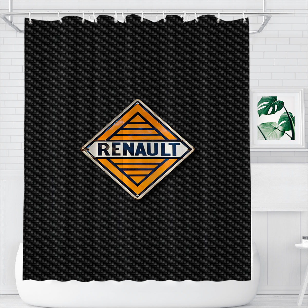 Renault Vintage Logo Carbon Fiber Bathroom Shower Curtain Fabric Waterproof | 66 X 72 Inch