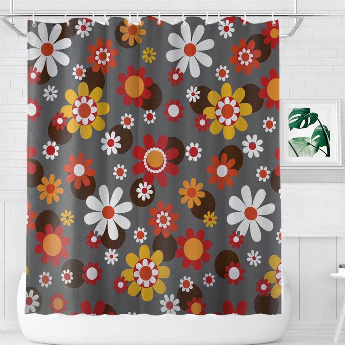 Retro Hippie Groovy Daisy Boho Bathroom Shower Curtain Fabric Waterproof | 66 X 72 Inch