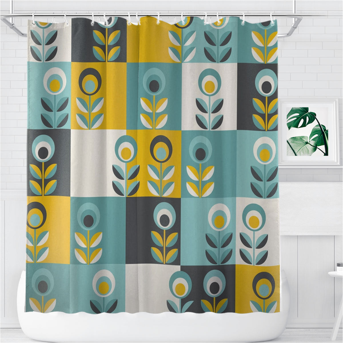 Retro Scandinavian Geometric Abstract Floral Bathroom Shower Curtain Fabric Waterproof | 66 X 72 Inch