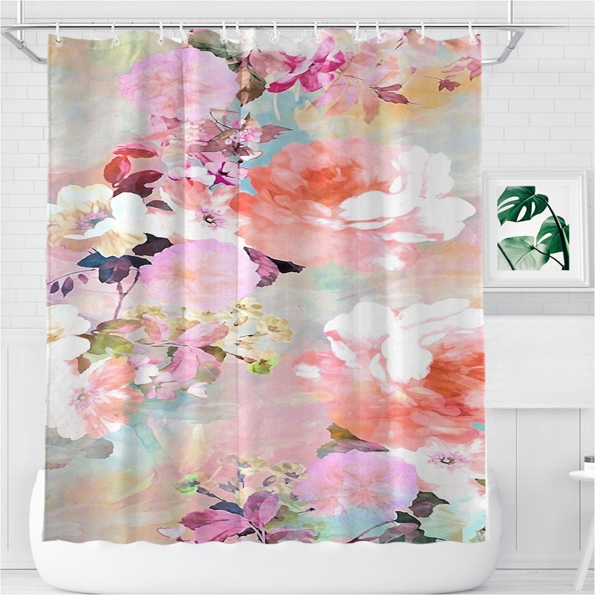 Romantic Pink Teal Watercolor Chic Floral Pattern Bathroom Shower Curtain Fabric Waterproof | 66 X 72 Inch