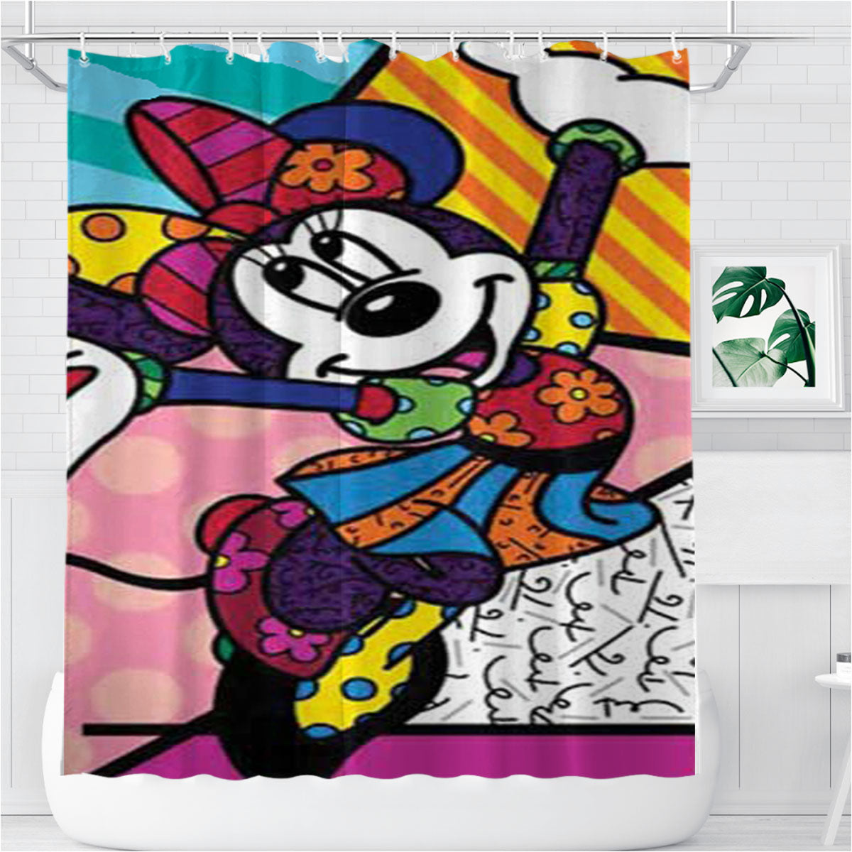 Romero Britto Minnie Mouse Bathroom Shower Curtain Fabric Waterproof | 66 X 72 Inch