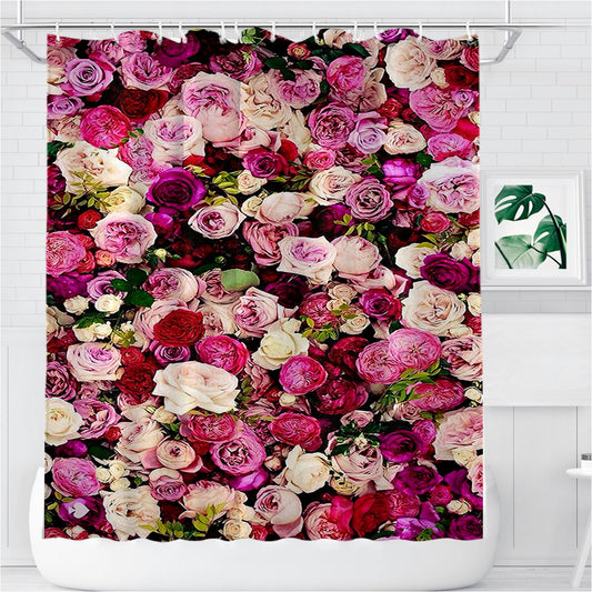 Rose Flower Pattern Bathroom Shower Curtain Fabric Waterproof | 66 X 72 Inch