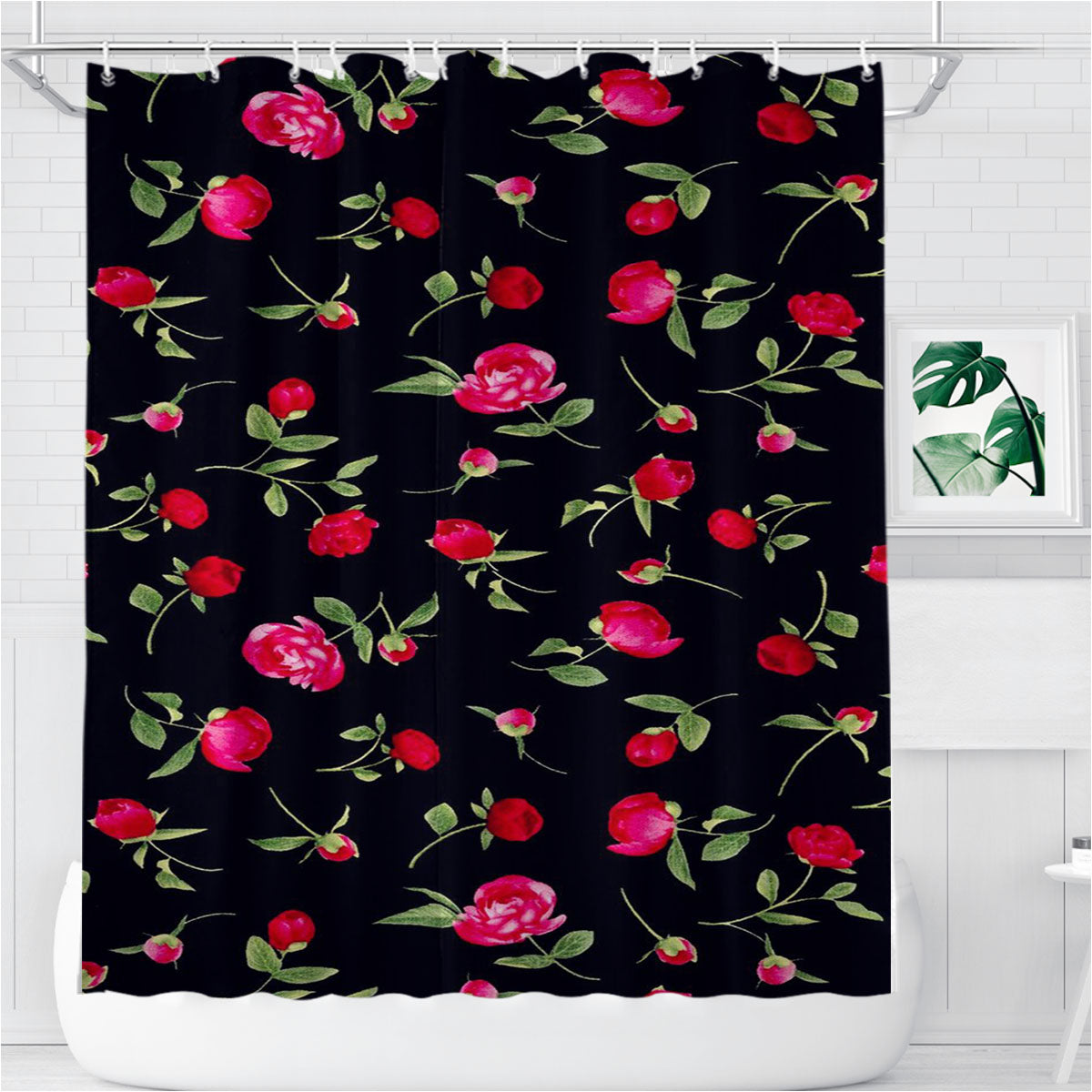 Rose Wallpaper Black Floral Bathroom Shower Curtain Fabric Waterproof | 66 X 72 Inch