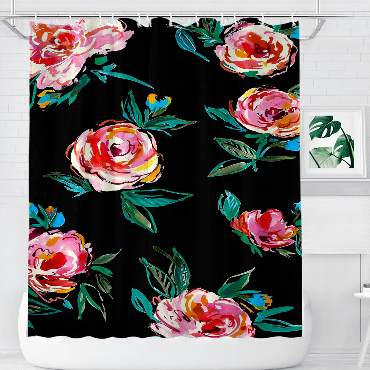 Rose Watercolor Pattern Bathroom Shower Curtain Fabric Waterproof | 66 X 72 Inch