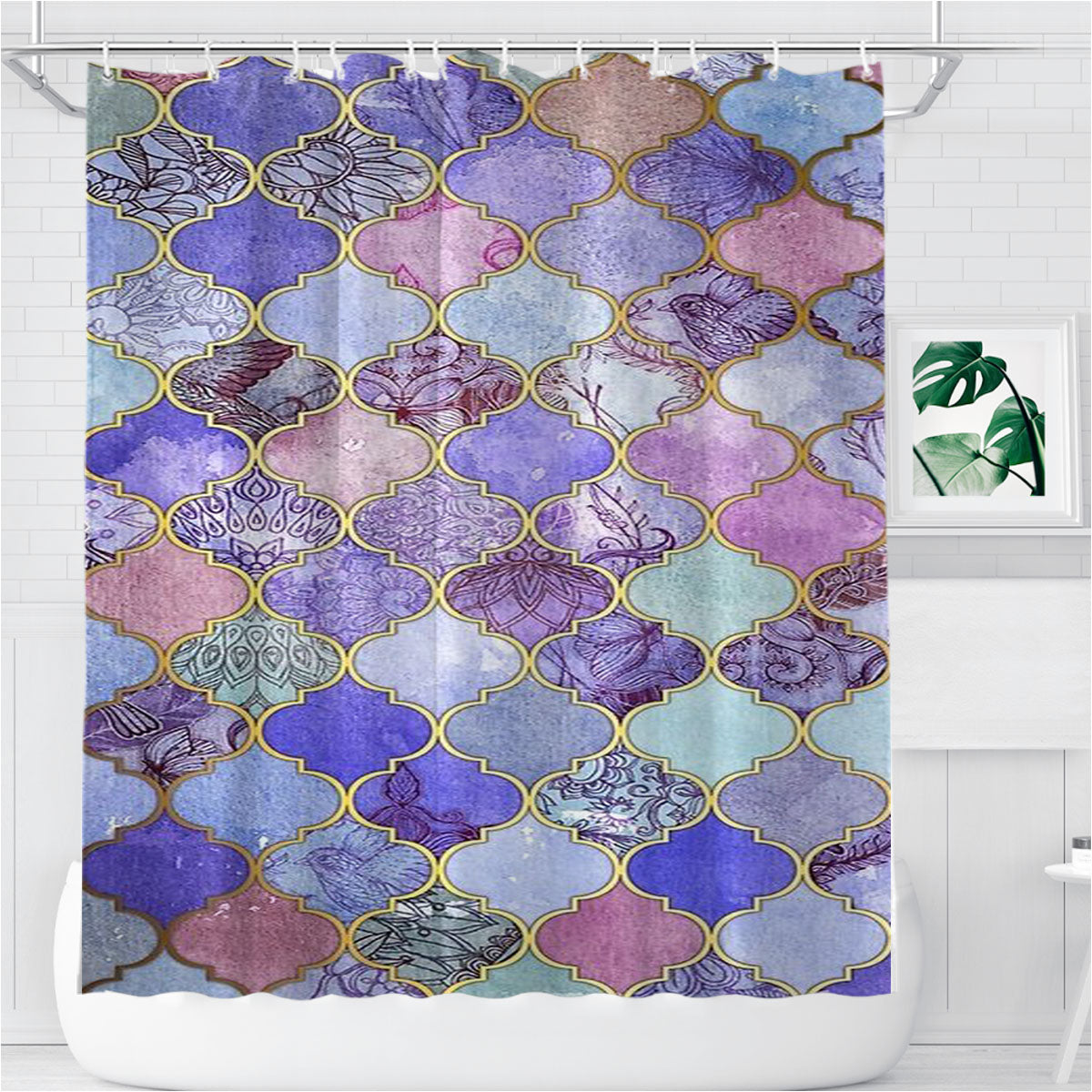 Royal Purple Mauve Indigo Moroccan Tile Pattern Bathroom Shower Curtain Fabric Waterproof | 66 X 72 Inch