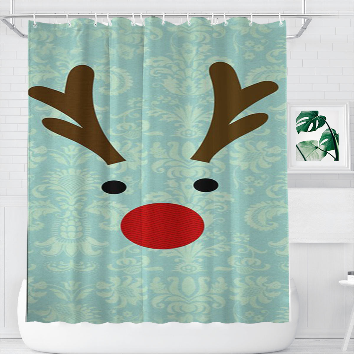 Rudolph Christmas Deer Bathroom Shower Curtain Fabric Waterproof | 66 X 72 Inch