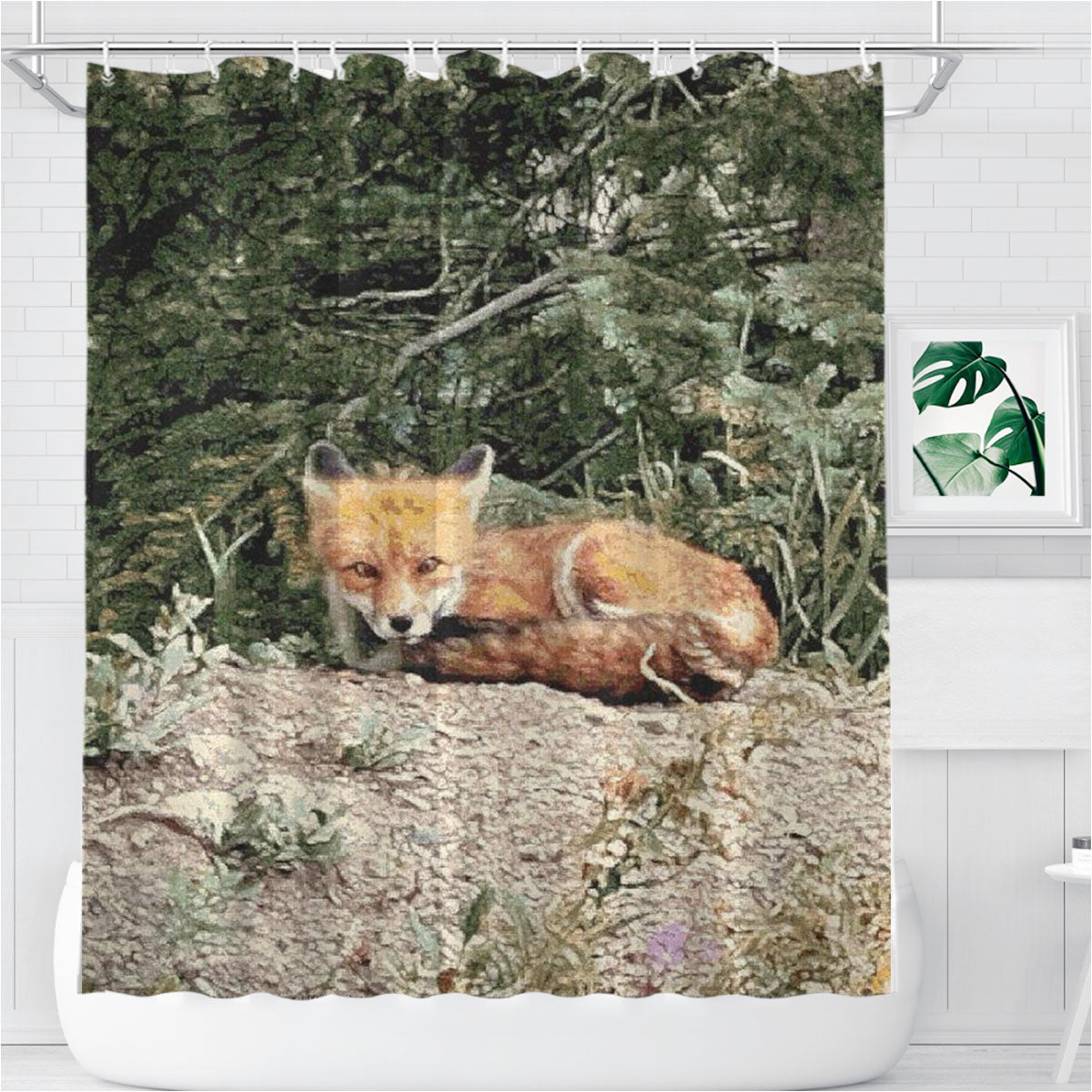 Rustic Woodland Forest Fox & Flowers Bathroom Shower Curtain Fabric Waterproof | 66 X 72 Inch