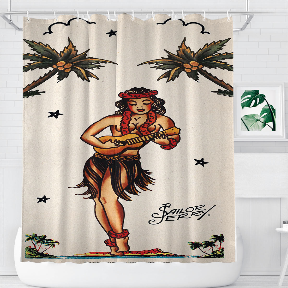 Sailor Jerry S Hula Girl Bathroom Shower Curtain Fabric Waterproof | 66 X 72 Inch