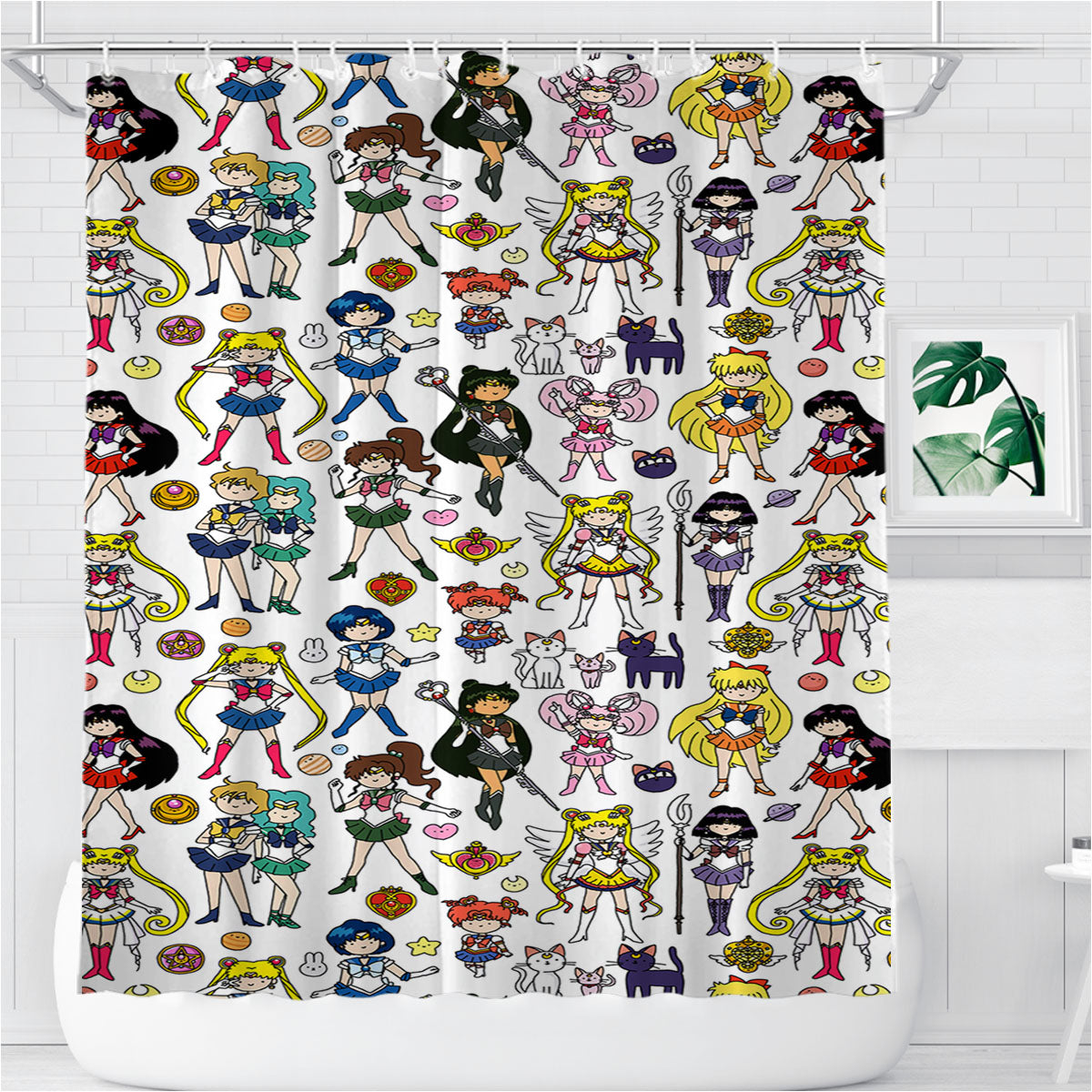 Sailor Moon Pattern Bathroom Shower Curtain Fabric Waterproof | 66 X 72 Inch