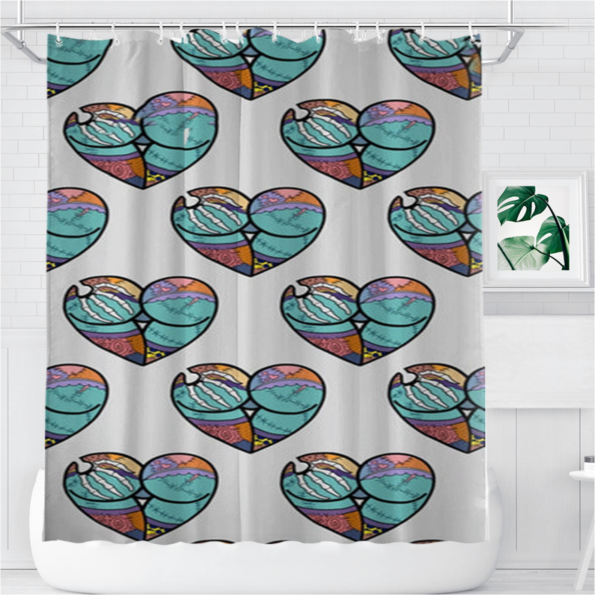 Sally And Jack Heart Pattern Bathroom Shower Curtain Fabric Waterproof | 66 X 72 Inch