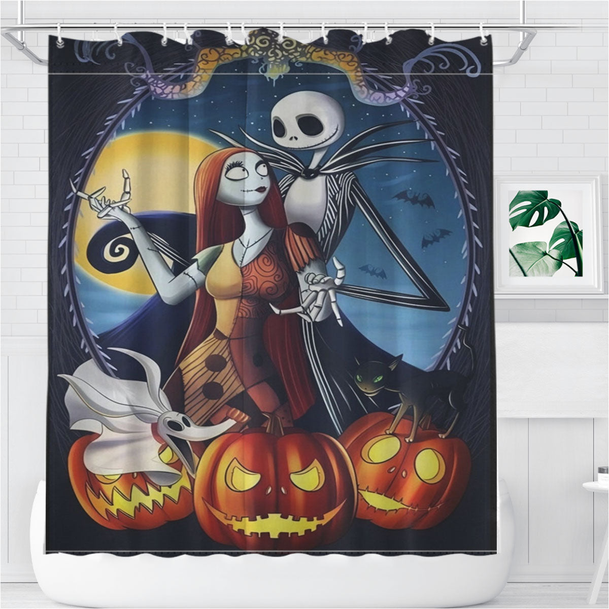 Sally And Zero Halloween And Christmas Bathroom Shower Curtain Fabric Waterproof | 66 X 72 Inch