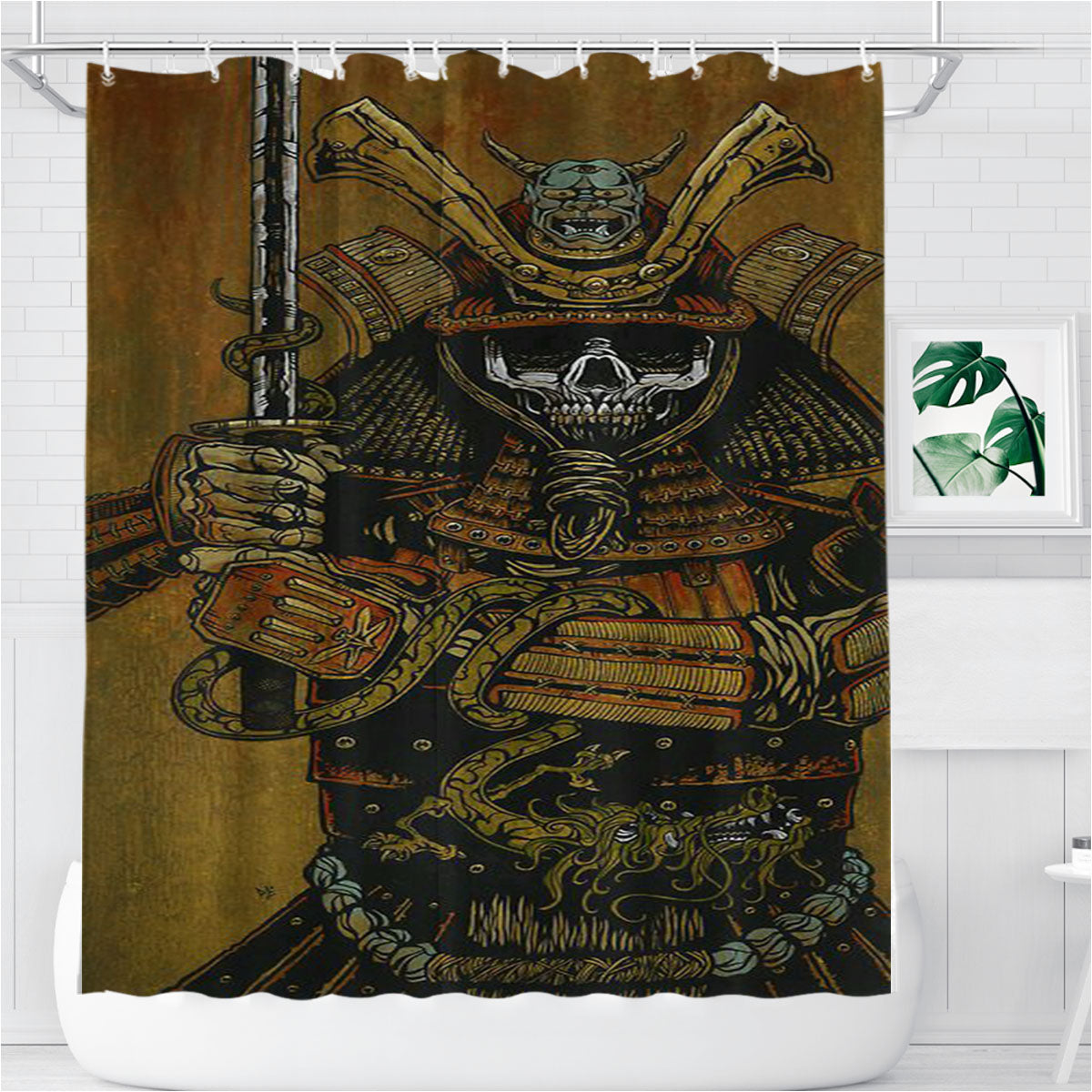 Samurai Skull Village Bathroom Shower Curtain Fabric Waterproof | 66 X 72 Inch