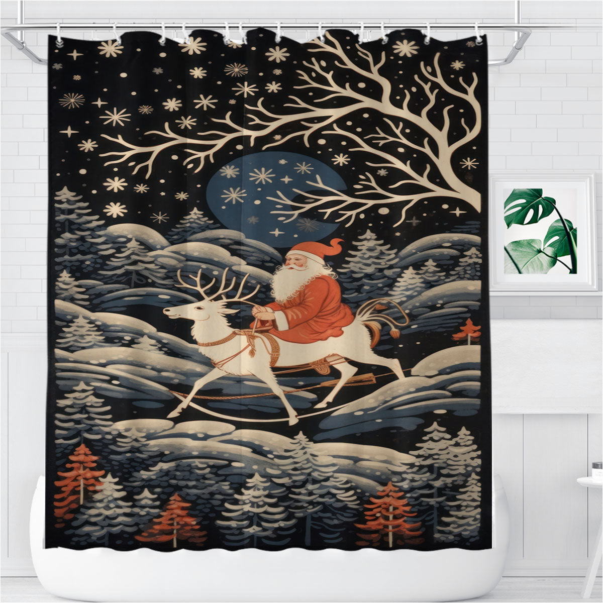 Santa Clause Riding Reindeer At Night Nature Christmas Bathroom Shower Curtain Fabric Waterproof | 66 X 72 Inch