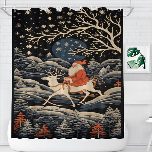 Personalized Santa Clause Riding Reindeer At Night Nature Christmas Shower Curtain Farmhouse Bathroom Decor
