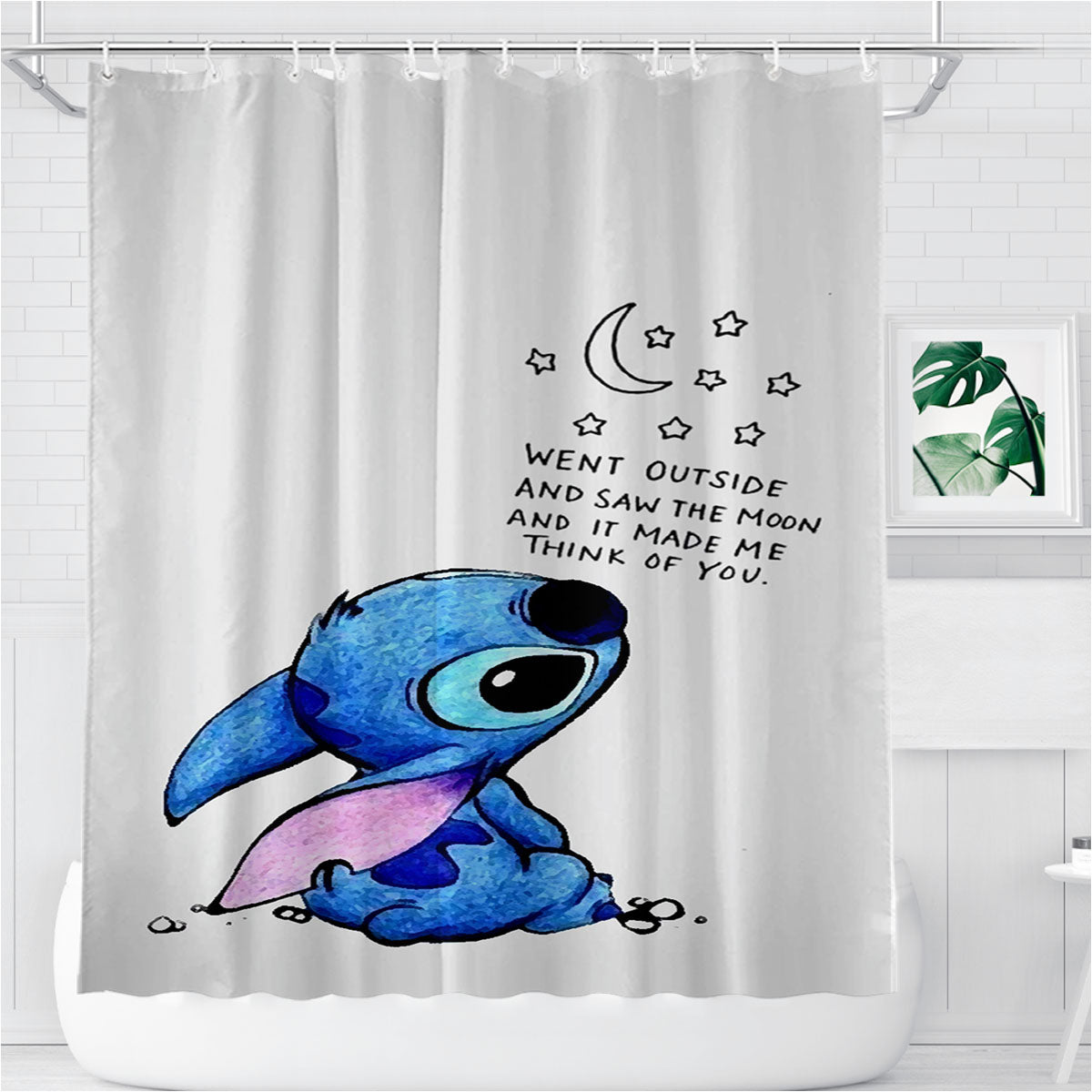 Saw The Moon And Think Of You Stitch Quote Bathroom Shower Curtain Fabric Waterproof | 66 X 72 Inch