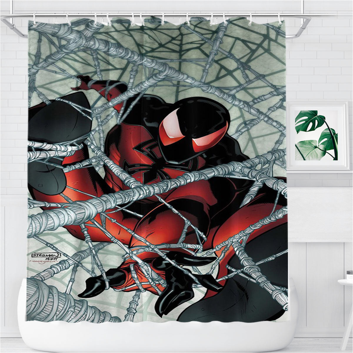 Scarlet Spiderman Web Spider Bathroom Shower Curtain Fabric Waterproof | 66 X 72 Inch