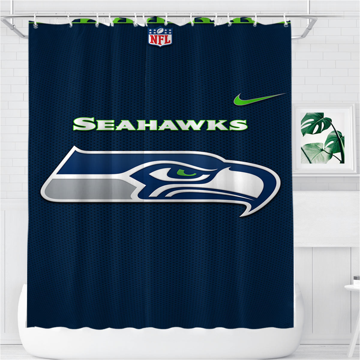 Seattle Seahawks Fiber Blue Nfl Pictures Bathroom Shower Curtain Fabric Waterproof | 66 X 72 Inch