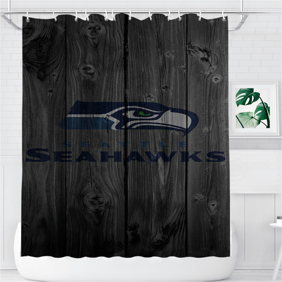 Seattle Seahawks Nfl Logo Dark Wood Wallpaper Bathroom Shower Curtain Fabric Waterproof | 66 X 72 Inch