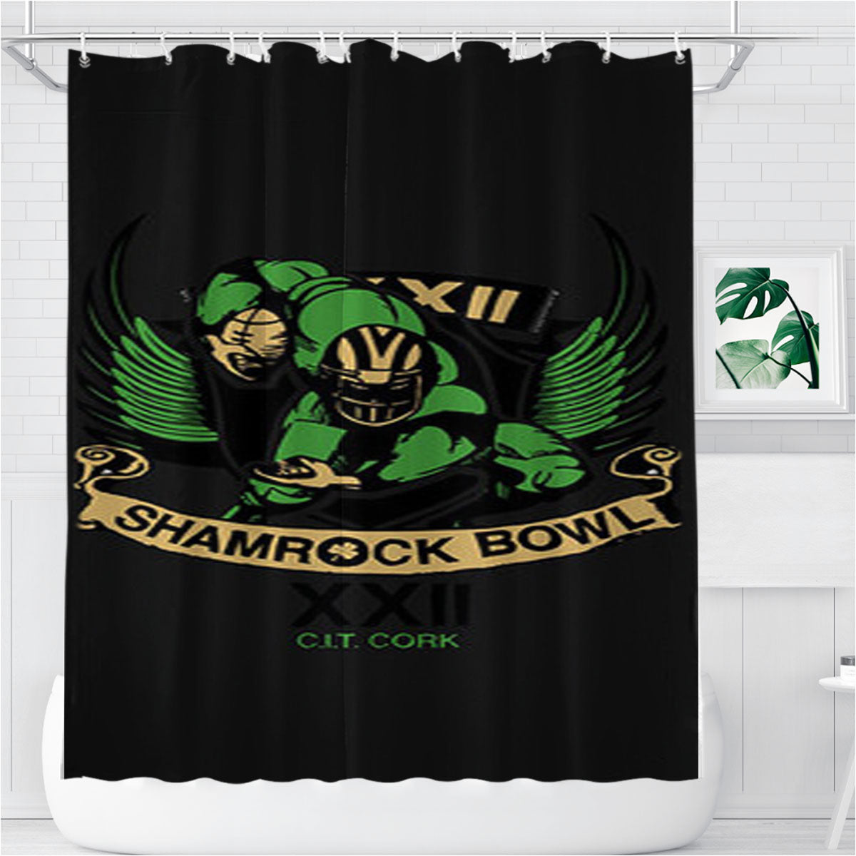 Shamrock Bowl Logo Dark Grey Bathroom Shower Curtain Fabric Waterproof | 66 X 72 Inch