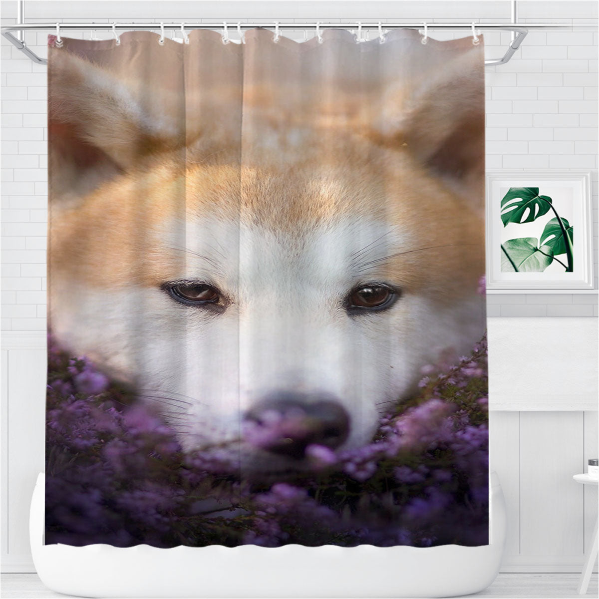 Shiba Inu Flowers Dog Bathroom Shower Curtain Fabric Waterproof | 66 X 72 Inch
