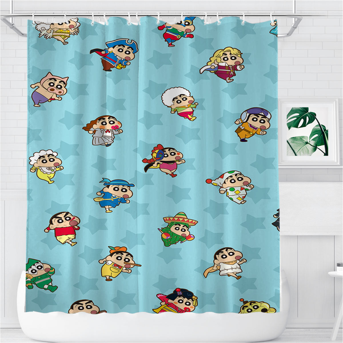 Shin Chan And Friends Blue Pattern Bathroom Shower Curtain Fabric Waterproof | 66 X 72 Inch