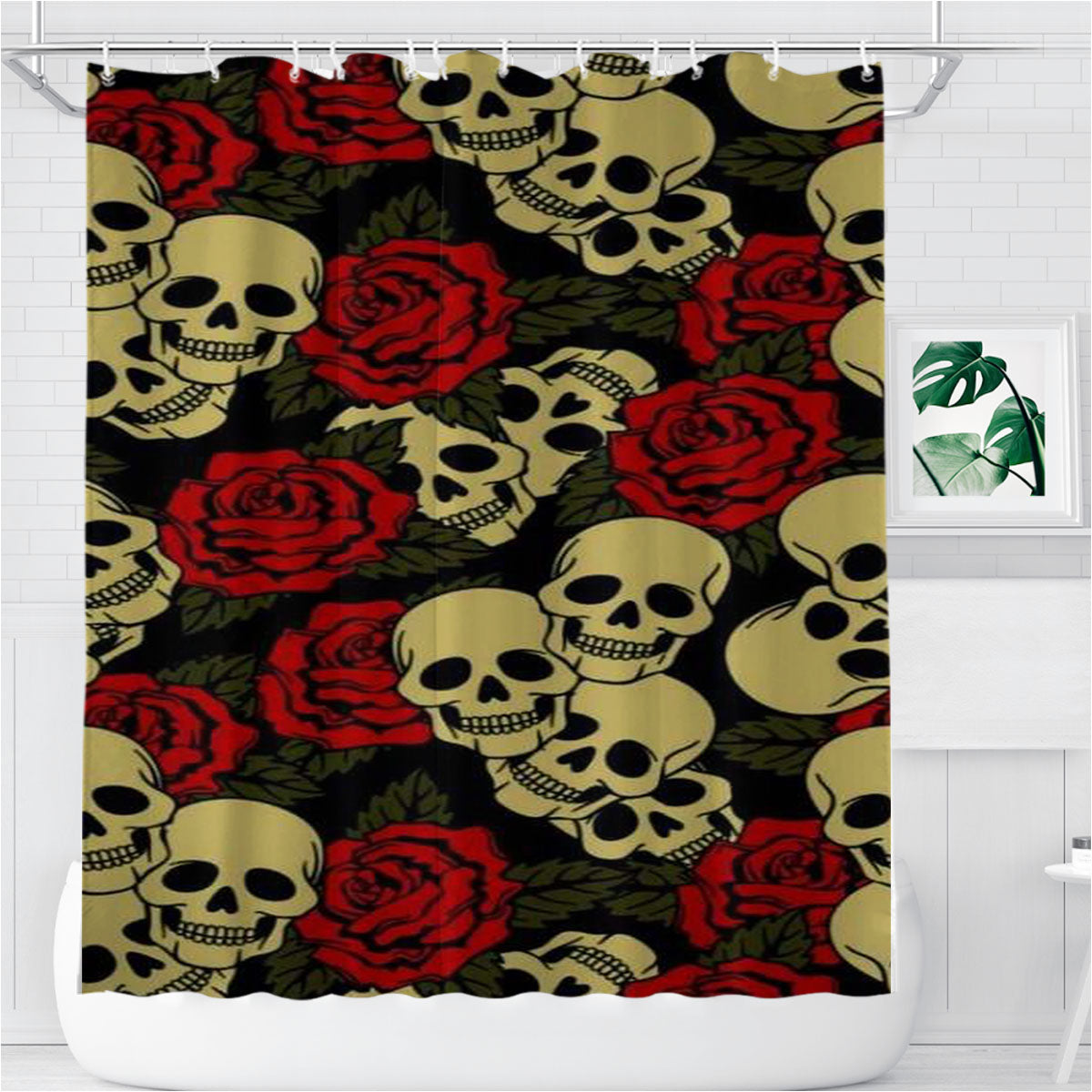 Skull Rose Pattern Vintage Bathroom Shower Curtain Fabric Waterproof | 66 X 72 Inch