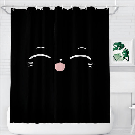 Personalized Smile Cat Lovely Animal Pattern Cartoon Black Shower Curtain Farmhouse Bathroom Decor