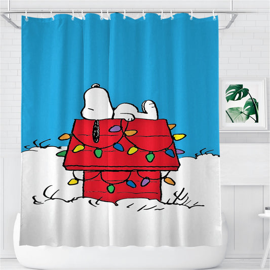 Snoopy Christmas Dog House Bathroom Shower Curtain Fabric Waterproof | 66 X 72 Inch