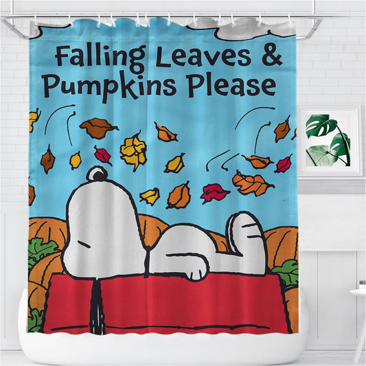 Snoopy Falling Leaves Bathroom Shower Curtain Fabric Waterproof