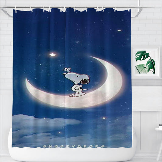 Snoopy Peanuts In Moon Bathroom Shower Curtain Fabric Waterproof | 66 X 72 Inch