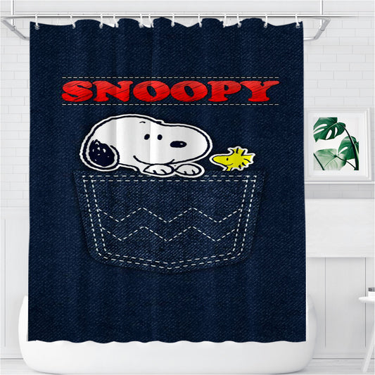 Snoopy Peanuts Pants Denim Pocket Bathroom Shower Curtain Fabric Waterproof | 66 X 72 Inch