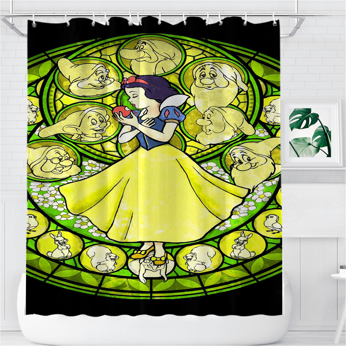 Snow White Stained Glass Bathroom Shower Curtain Fabric Waterproof | 66 X 72 Inch