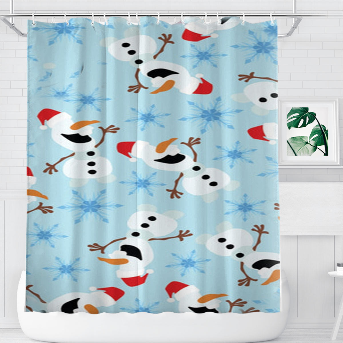 Snowman Pattern Bathroom Shower Curtain Fabric Waterproof | 66 X 72 Inch