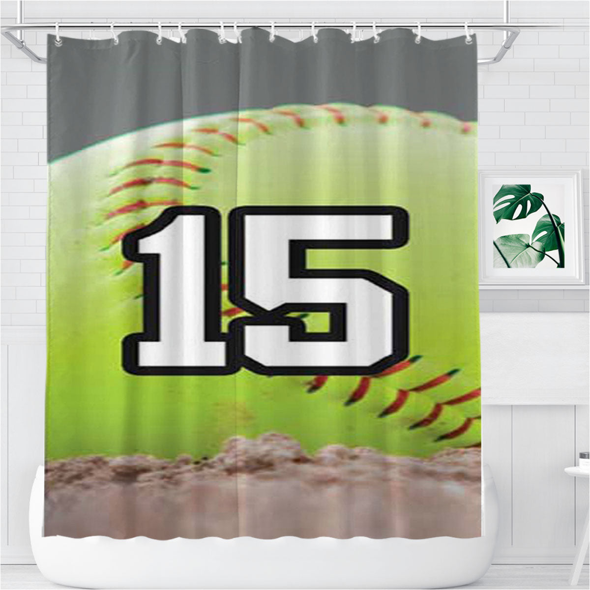 Softball Number 15 Bathroom Shower Curtain Fabric Waterproof | 66 X 72 Inch