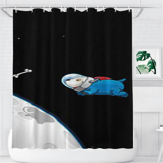 Personalized Space Dog Chasing A Bone Shower Curtain Farmhouse Bathroom Decor