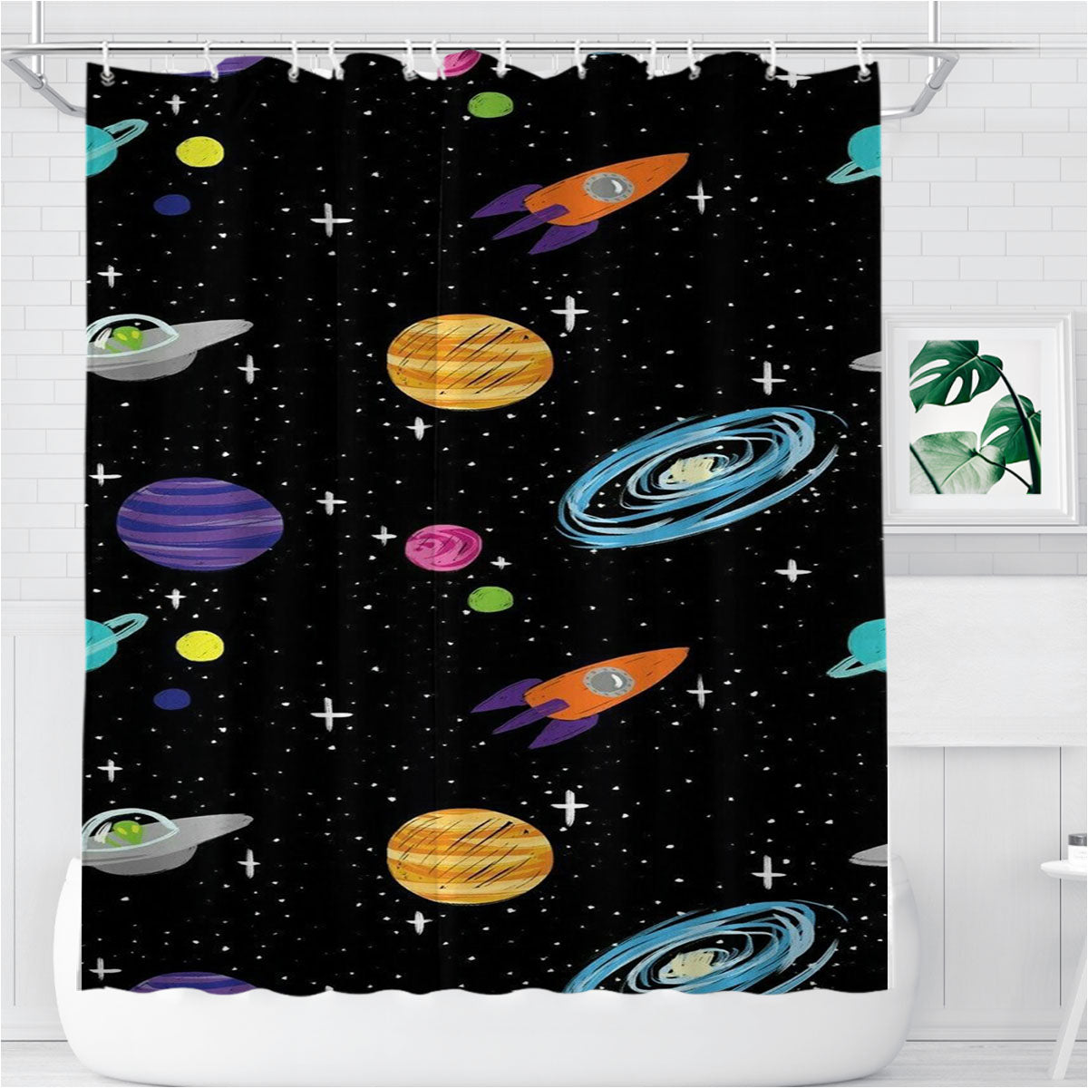 Space Planet Pattern Bathroom Shower Curtain Fabric Waterproof | 66 X 72 Inch