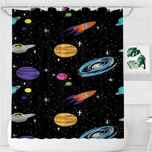 Personalized Space Planet Pattern Shower Curtain Farmhouse Bathroom Decor