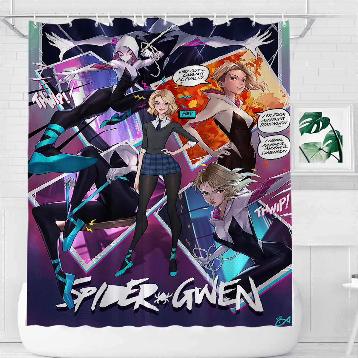 Spider Gwen Comic Character Bathroom Shower Curtain Fabric Waterproof | 66 X 72 Inch