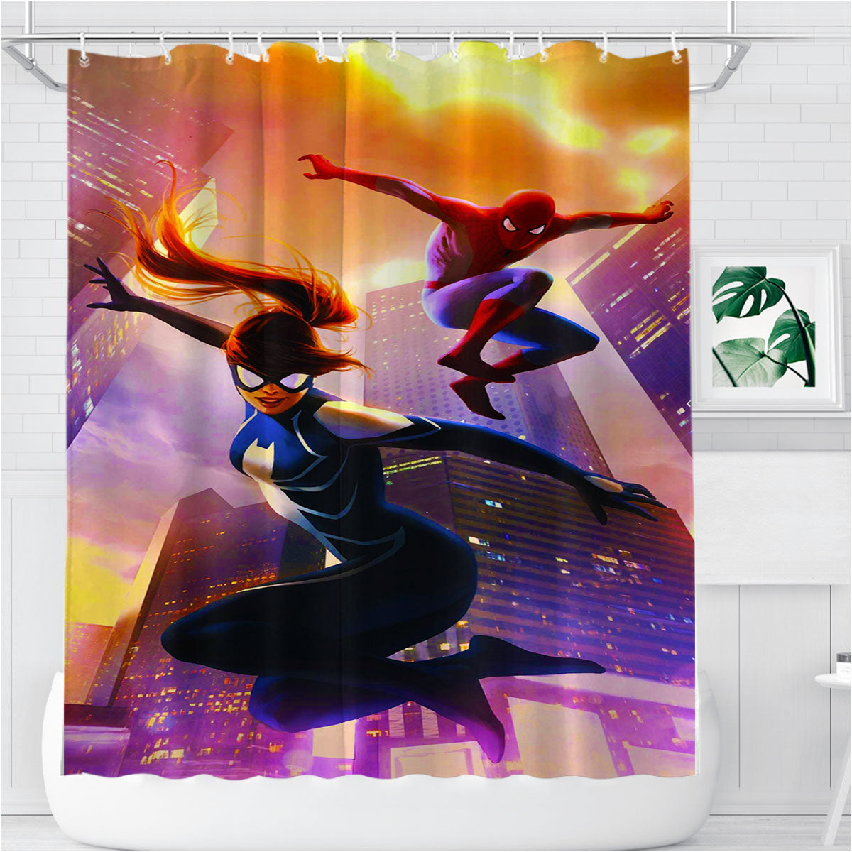 Spider Man And Spider Girl Bathroom Shower Curtain Fabric Waterproof | 66 X 72 Inch