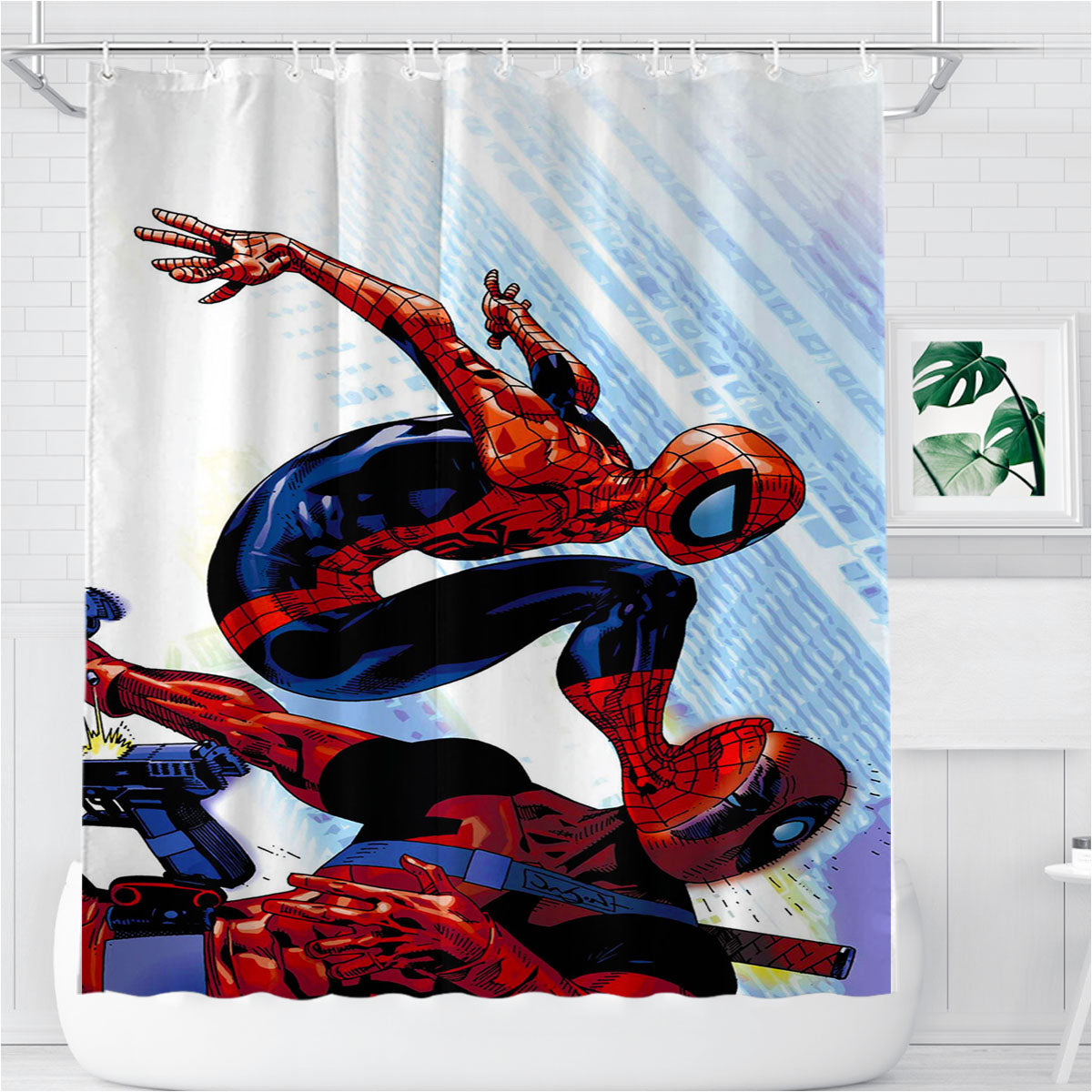 Spider Man Kick Deadpool Bathroom Shower Curtain Fabric Waterproof | 66 X 72 Inch