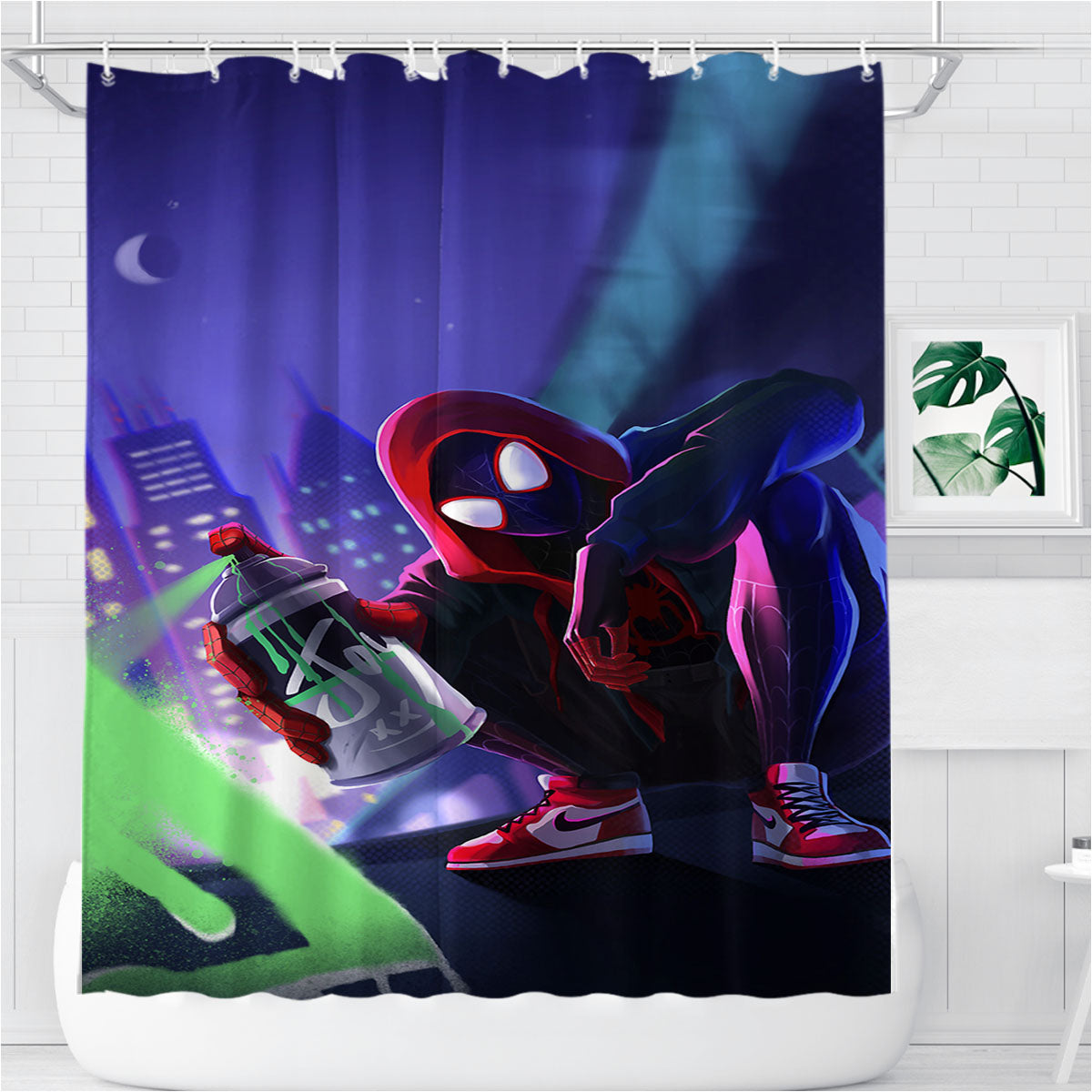 Spider Man Miles Morales Spray Paint Mural Bathroom Shower Curtain Fabric Waterproof | 66 X 72 Inch