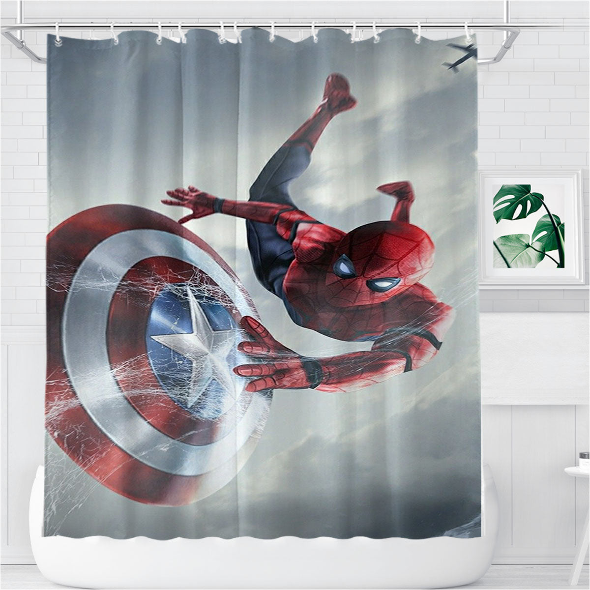 Spiderman Captain America Shield Bathroom Shower Curtain Fabric Waterproof | 66 X 72 Inch