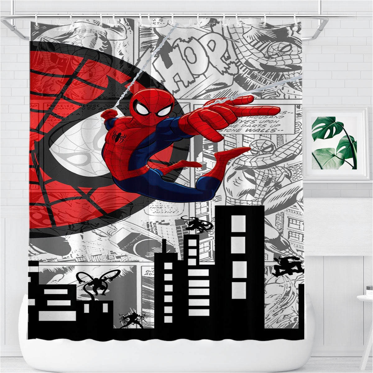 Spiderman In The City Doodle Comic Bathroom Shower Curtain Fabric Waterproof | 66 X 72 Inch
