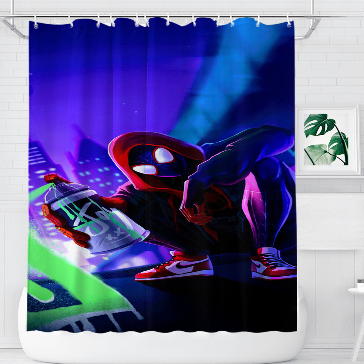 Spiderman Miles Morales Spray Paint Bathroom Shower Curtain Fabric Waterproof | 66 X 72 Inch