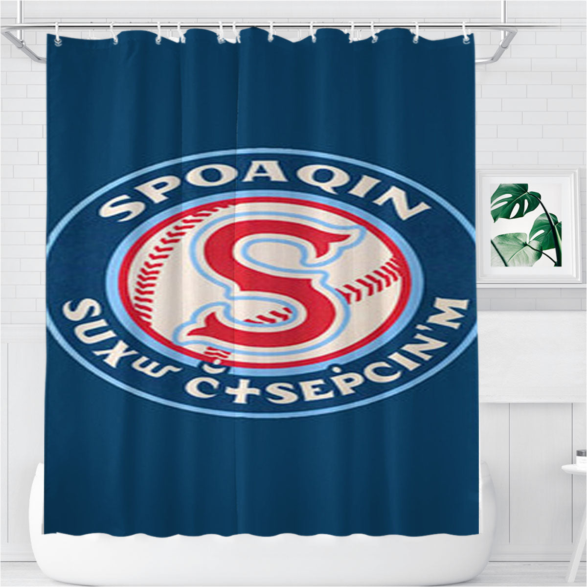 Spoaqin Indians Baseball Logo Blue Bathroom Shower Curtain Fabric Waterproof | 66 X 72 Inch